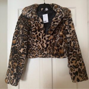 H&M Leopard Print Faux Fur Cropped Jacket - Camel Brown & Black Size XS